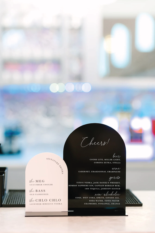 Custom acrylic bar menu sign for a wedding reception.