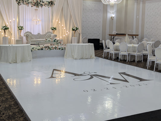 Custom printed wedding floor wrap installed in a venue.